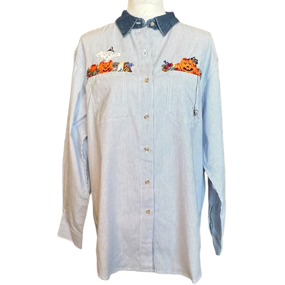 Striped Blue Halloween Embroidered Button-Up Shirt~Cabin Creek